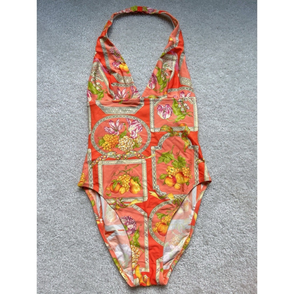 Vintage Salvatore Ferragamo Italy Halter One Piece Swimsuit 28/XS Coral Floral